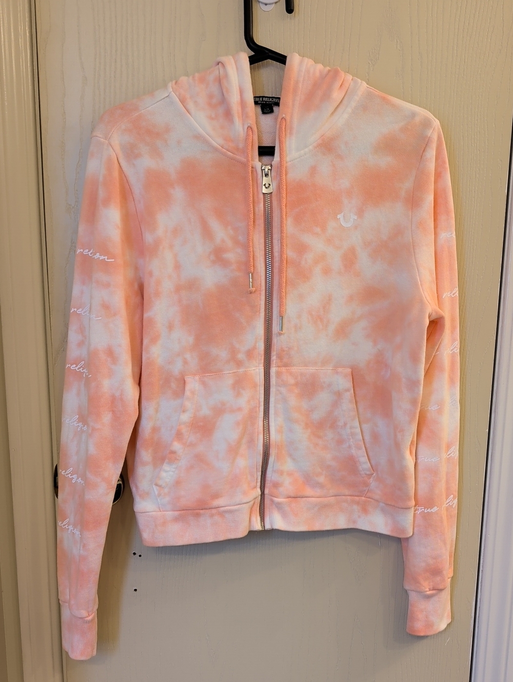 True Religion Peach & White Tie-Dye Zip-Up Hoodie Size L | Logo Hoodie